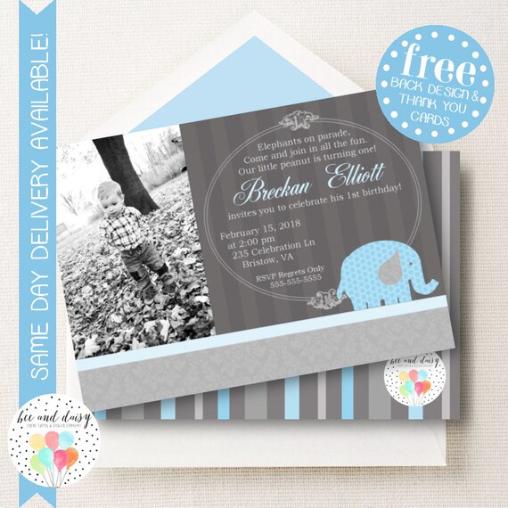 Blue Elephant Invitation, Elephant Birthday Invitation, Elephant Party, Boy First Birthday, Boy Birthday, elephant Invite, photo invitation Il_570xn