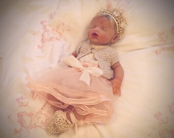 Infant layette princess outfit with cashmere sweater, dupioni silk onsie, and 6 layer tulle skirt for your newborn, silicone, or reborn baby