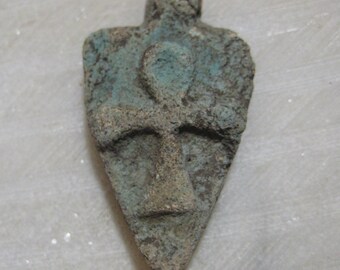 Egyptian Ushabti Pendant, Vintage Key of The Nile Ankh Cross Mask, Arrow Shape Faience or Sintered Quartz Ceramic, Made in Luxor, 1.5" 1 pc.
