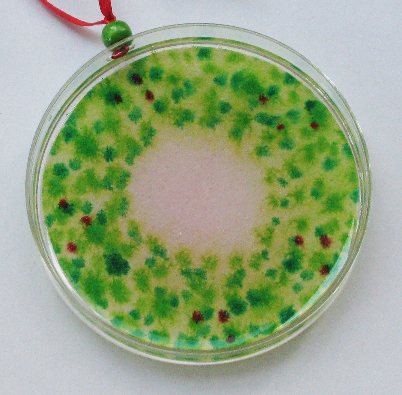 Petri Dish Ornament W1 Pink with Wreath of Microbes