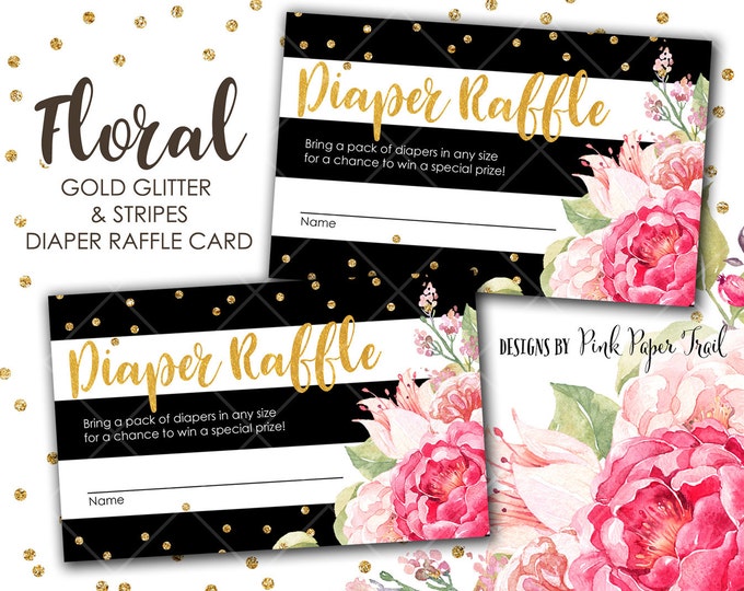 Black and White Stripes, Gold Glitter and Raffle Diaper Raffle Card, DIY, Instant Download, Print Your Own