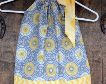 Girl's Pillowcase dress - Summer Storm - Pick your size - Sizes 18M through 10 Years - Yellow grey chevron sunshine
