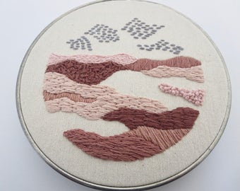 Modern Embroidery Hoop Landscape Art Small Wall Art Pink Brown Art