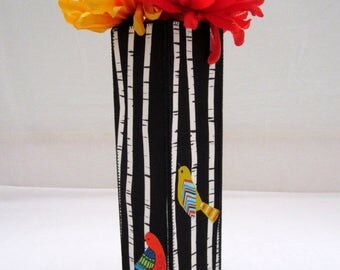 Birch Tree Birds Tall Fabric Vase black and white stripes