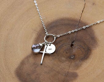 Customized Silver Cross Necklace, Initial & Birthstone Necklace, Personalized Necklace, Confirmation Gift, Mothers Necklace, Gift for Her