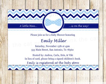 Bowtie Invitation Card - Baby Boy Shower Invitation Bow Tie Invitation Navy Blue Chevron Baby Sprinkle Personalized Invitation