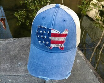 Women Distressed Trucker * Royal * USA * American flag * Patch cap