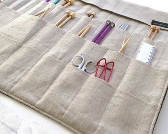 Large Knitting Needle Case/Roll/Organizer in Beautiful Tapestry and Classic Linen (item K109)