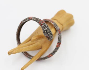 Vintage Sterling Snake Bangle Bracelet Coiled Marcasite,Garnet, Coral