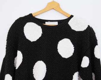 80s Adrienne Vittadini Sweater Black White Polka Dots Beaded Oversized Womens Vintage Medium