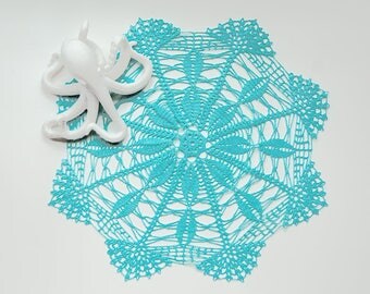 Crochet Doily, tabletop decor, dream catcher supply, framed wall decor, ocean turquoise, heirloom quality, cottage chic, beach house decor