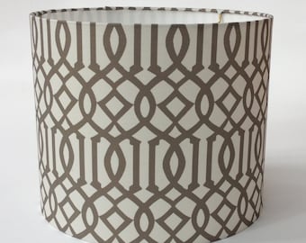 Drum Lampshade in Imperial Trellis fabric in Taupe - 12" Diameter X 10" Tall - Ready to Ship