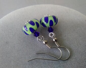 Lime Green and Cobalt Blue Lampwork Glass and Swarovski Crystal Earrings