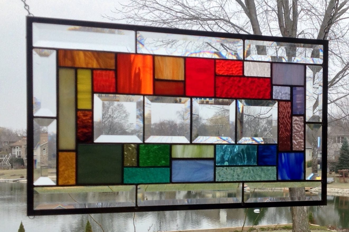 Beveled Stained Glass Panel Window Hanging Geometric Rainbow