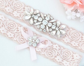 BLUSH PINK Crystal pearl Wedding Garter Set, Stretch Lace Garter, Rhinestone Crystal Bridal Garters