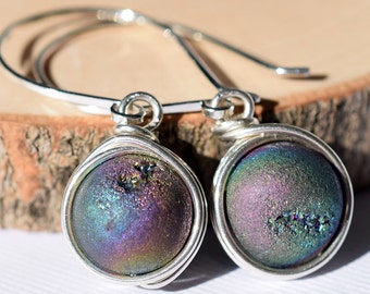 Geode Earrings, Peacock Druzy Earrings, Sterling Earrings, Rainbow Druzy Earrings, Wire Wrapped Druzy, Wire Wrapped Geode, Rainbow Geode