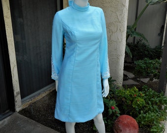 Vintage 1960's Turquoise Blue Dress with Embellished Sleeves - Size Small