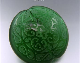 EMERALD GREEN SCROLLS – Sandblasted Lentil Bead – Lampwork Pendant Bead Focal Handmade Supplies - by Stephanie Gough sra fhfteam leteam