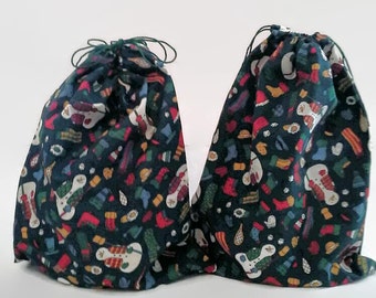 2 Snowmen on Dark Green Christmas Drawstring Fabric Gift Bags Upcycled, Reusable