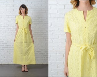Vintage 60s 70s Yellow Mod Dress Maxi Cutout Boho Hippie Small S 9172