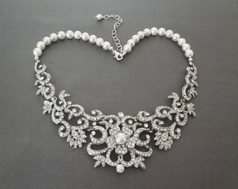 Pearl necklace, Pearl and crystal bib necklace, Crystal wedding necklace, Brides necklace~ Brides necklace, Pearl Statement necklace ~ALEXIS