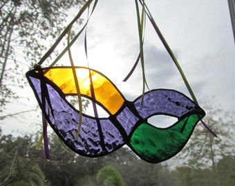 Stained Glass Mardi Gras Mask in Gold/Green/Purple with Coordinating Ribbon Hanger - Unusual Gift Item - Fat Tuesday - Carnival