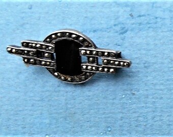 TINY MARCASITE ONYX Sterling Brooch. Only 39.90