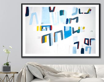 Large Abstract Painting PRINT, Geometric art, 28X40 large wall art, Giclee Print, mid century modern art, Blue grey, Acrylic painting