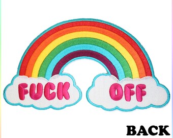 Extra Large Fuck Off Rainbow with Clouds Iron On Back Patch Embroidery Sewing DIY Customise Cute Feminist Kawaii LGBT Queer Sweary Badass