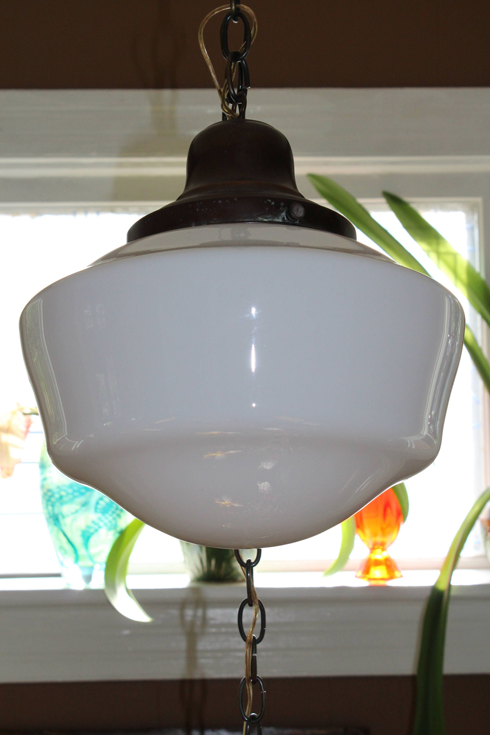 Vintage Schoolhouse Light Swag Lamp Milk Glass Shade ...