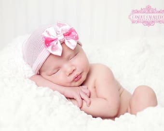 First Bow Newborn Hospital Hat (newborn hat, newborn beanie, newborn hospital hat with bow, first bow, rhinestone flower, take home outfit)