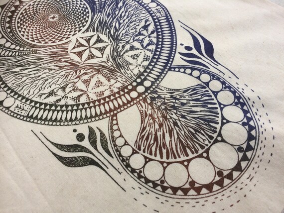 MANDALA TOTE BAG -Tree of life -Mandala- Hippie bag- Screen print- Cotton Bag- Hand Printed- Bag for Life- Upcycled Bag- Recycle- Handmade