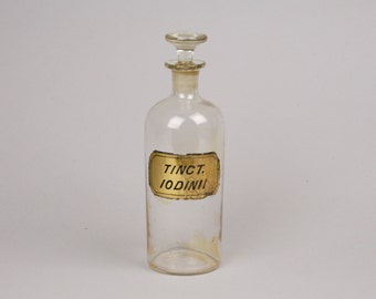 Pharmacy Stock Bottle, Tinct. Iodinii, Blown in Mold Antique Bottle, Ground Glass Stopper