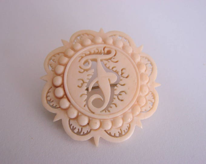 Delicate Intricate Antique Floral Hand Carved Lace Bone Brooch "F" Monogram Vintage Jewelry Jewellery