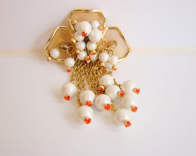 Large Vintage Girandole Pearl Rhinestone Brooch / Multi Chain / Statement Brooch / Orange Rhinestones / Jewelry / Jewellery