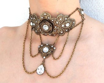 Brass Victorian Necklace Choker Swarovski Crystal Choker Victorian Jewelry Necklace Wedding Necklace Wedding Jewelry Victorian Necklace