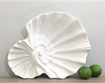Vintage Clam Shell Coquille Serving Bowl Divided Seafood Dish Tray Portugal Pottery Coastal Hamptons Decor