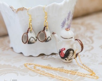 Cute shabby chic jewelry set, miniature teacup earrings, teapot pendant, flowers, turkey, miniature porcelain tea cups, dainty jewelry set
