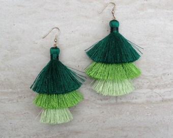 Silk Tassel Stack Earrings Green Ombre Combo Tassle Earrings Festival Tassel Earrings Tassle Earings BOHO Earrings Summer Jewelry