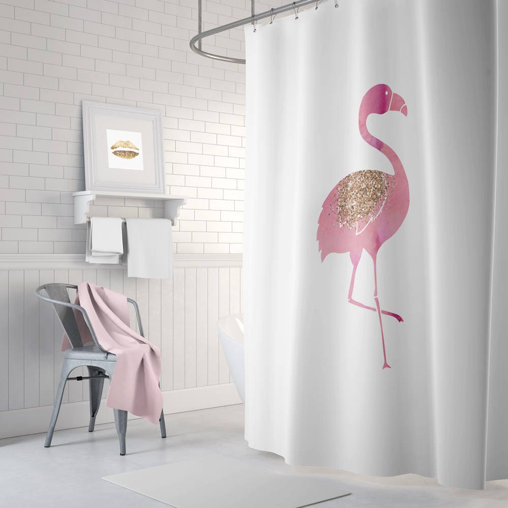 Flamingo shower curtain pink bathroom decor rose gold long