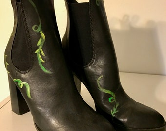 Hand painted green foliage vegan leather Chelsea boots size 9