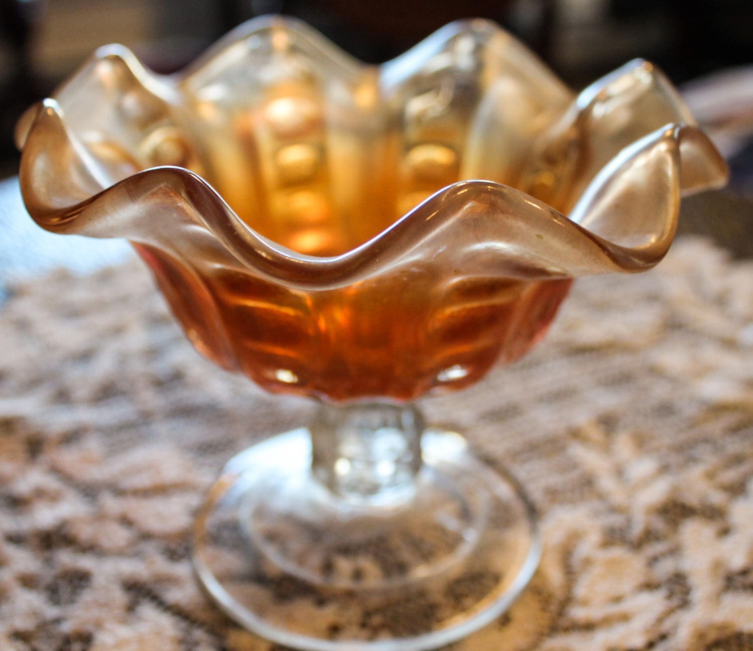 Antique Carnival Glass Candy Dish with Clear Pedestal