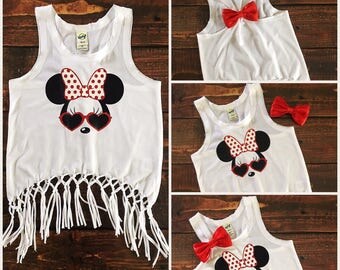 Minnie Tank Top, fringe tank top, summer tank top girls, Disney shirt girls, disney girl tank, disney summer tank, minnie sunglasses {white}