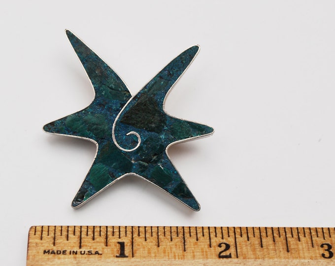 Sterling Turquoise star fish Brooch - Signed Beto Taxco - Blue Gemstone inlay - Mexico Pin