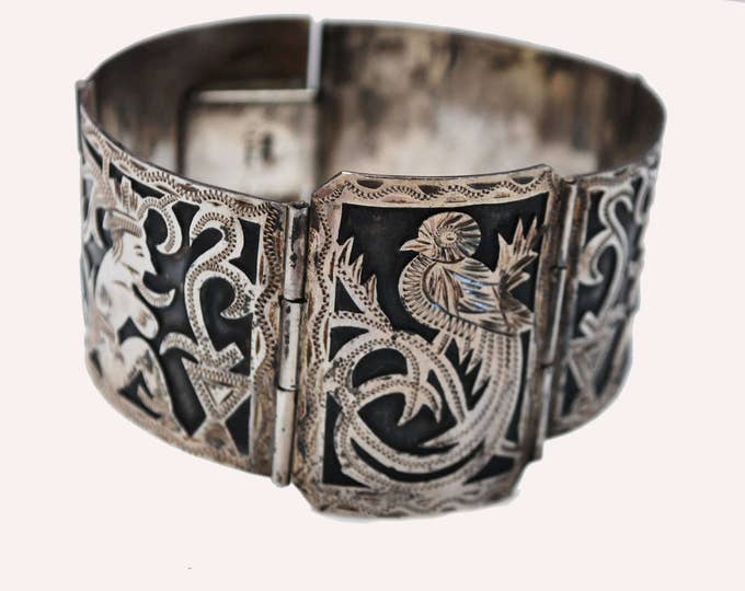 900 Silver Tribal Panel Bracelet - Wide Story link Bangle - Bird -south American - Black oxidation - Silver overlay