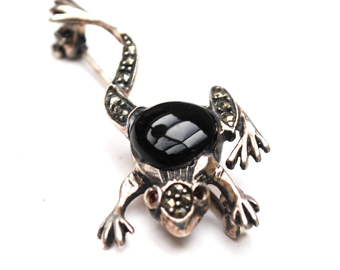 Frog Brooch - Sterling Silver - Marcasite - black glass -Jelly Belly - red rhinestones eye