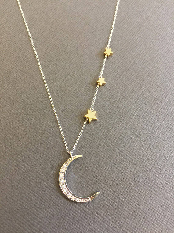 Sterling Silver Crescent Moon necklace Star necklace two