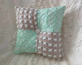 Pillow Vintage Chenille Morgan Jones and Cabin Crafts in Mocha and Mint Green...12 x 12"