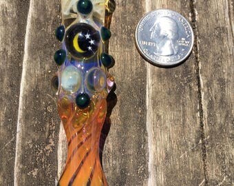 MOON and stars Glass pipe chillum fumed one hitter. Hand blown MOON and STARS Millie with blue and green highlights. Color changing. Flat