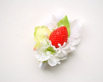 Red Strawberry White Green Grooms Boutonniere, Strawberry Wedding Accessories, White Red Green Groomsmen Boutonniere, Strawberry Boutonniere